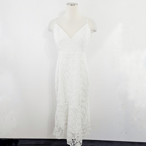 Park & Fifth White Crochet Lace Midi Dress Floral V-neck Flared Size Large - Picture 1 of 6